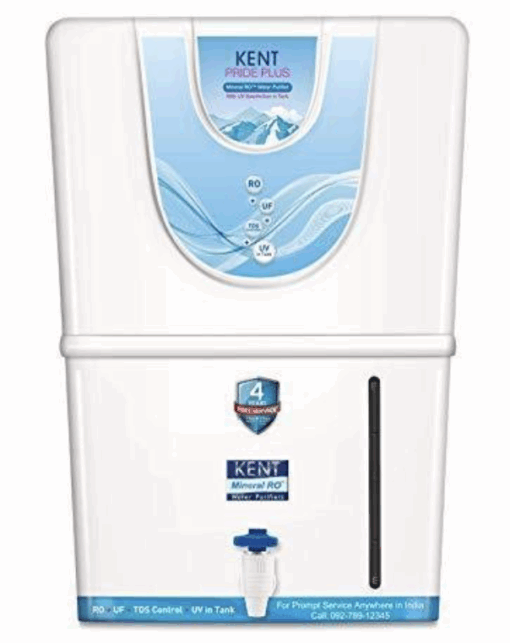 KENT Pride Plus RO Water Purifier | 4 Years Free Service | ISI Marked | Multiple Purification Process | RO + UF + TDS Control + UV LED Tank | 8L Tank | 15 LPH Flow | White